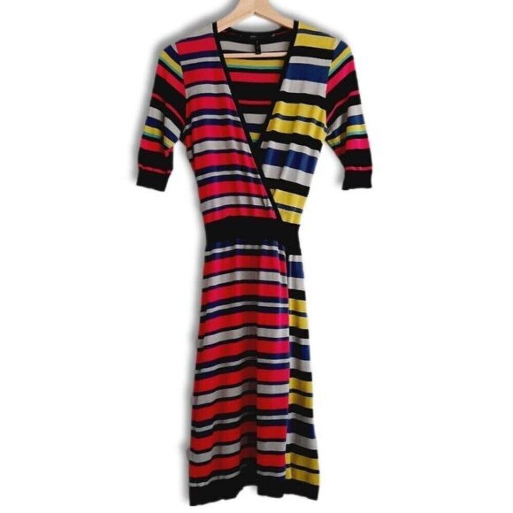 BCBG MAXAZRIA Elia Surplice Faux Wrap Fine Knit Stripe V-Neck Dress Sz S